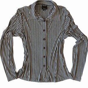 Vintage Catalyst Blouse Womens Size M Black White Striped Button Up Collared LS